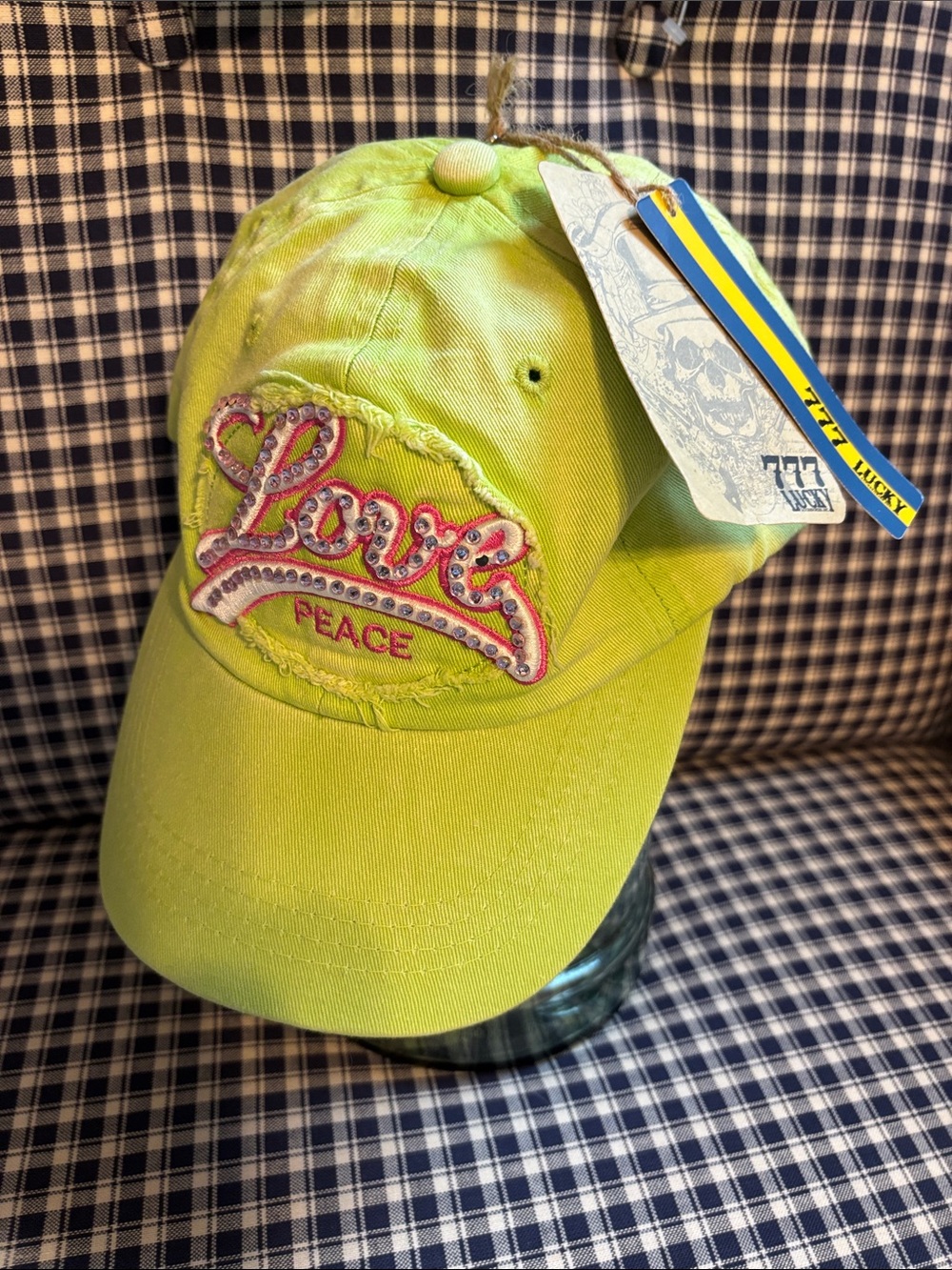777 Lucky  'Love Peace' Embroidered Baseball Cap in lime